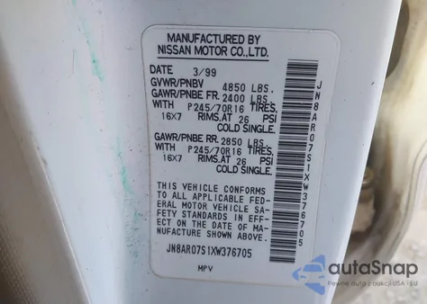 1999 Nissan Pathfinder Le/Se/Xe из США, поврежденный, VIN JN8AR07S1XW376705